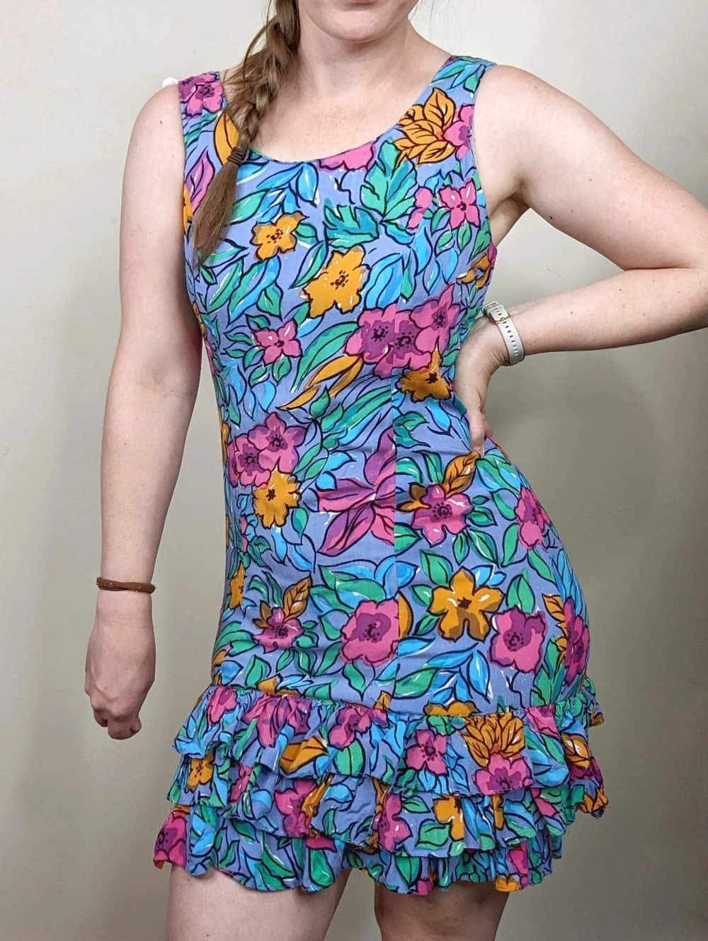 Vintage 90s Y2k Mary My Luv Floral Neon Ruffled Mini Dress